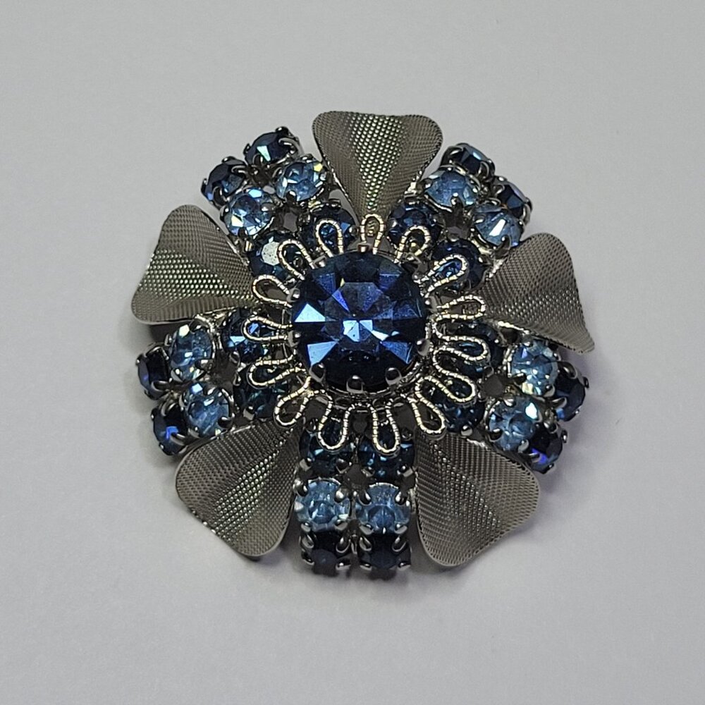 Signed Austria Brooch Vintage Blue Rhinestone Silver Filigree Flower Dome